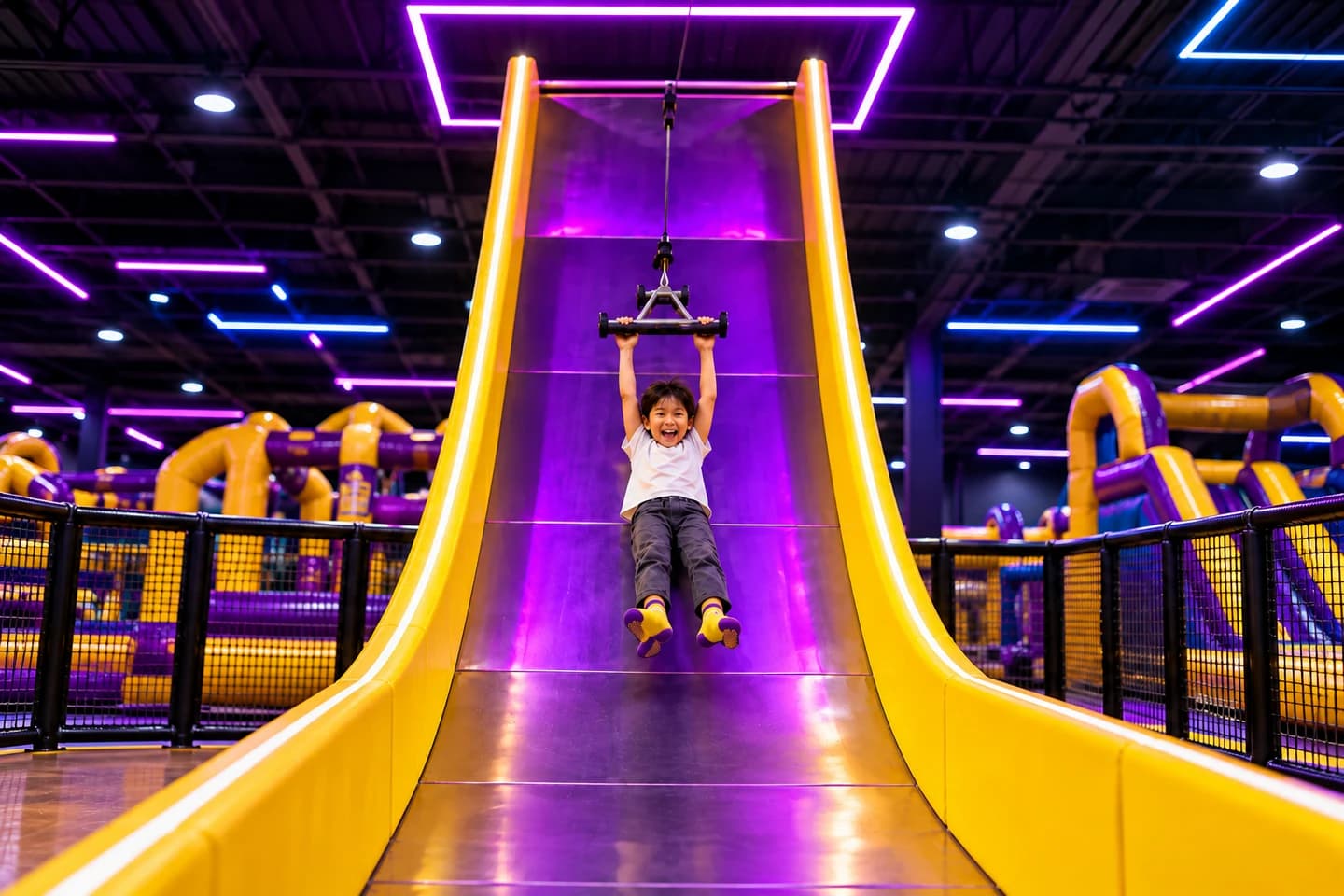 A child on a steep purple and yellow slide