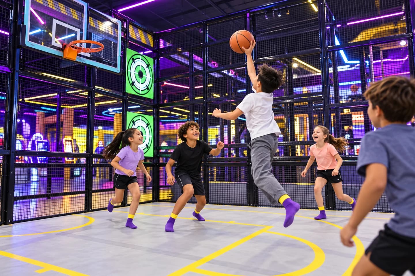 Children playing basketball in a netted indoor court
