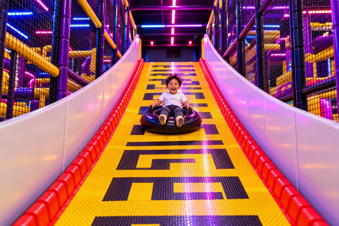 A child riding a black tube down a yellow slide at Super Llama Allen