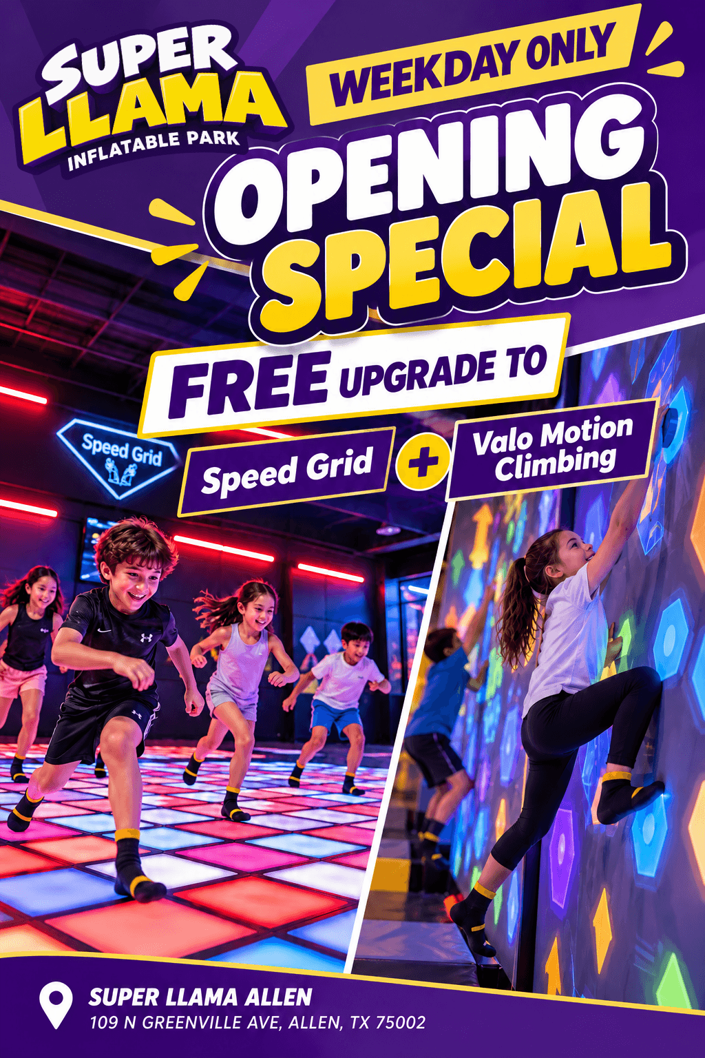 Allen weekday opening special poster offering a free upgrade to Speed Grid and Valo Motion Climbing