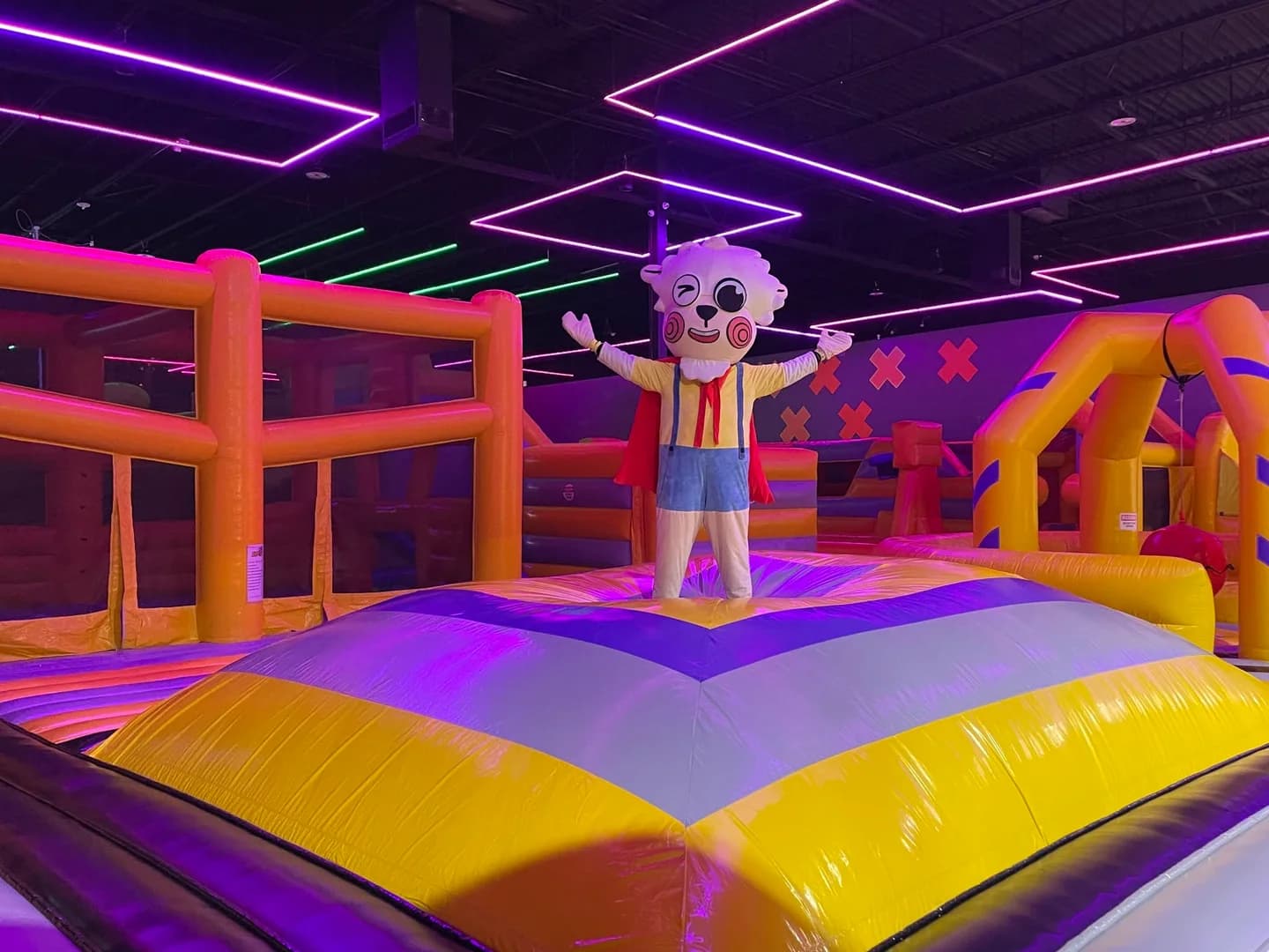 Larry the Llama inside the Super Llama Plano inflatable park