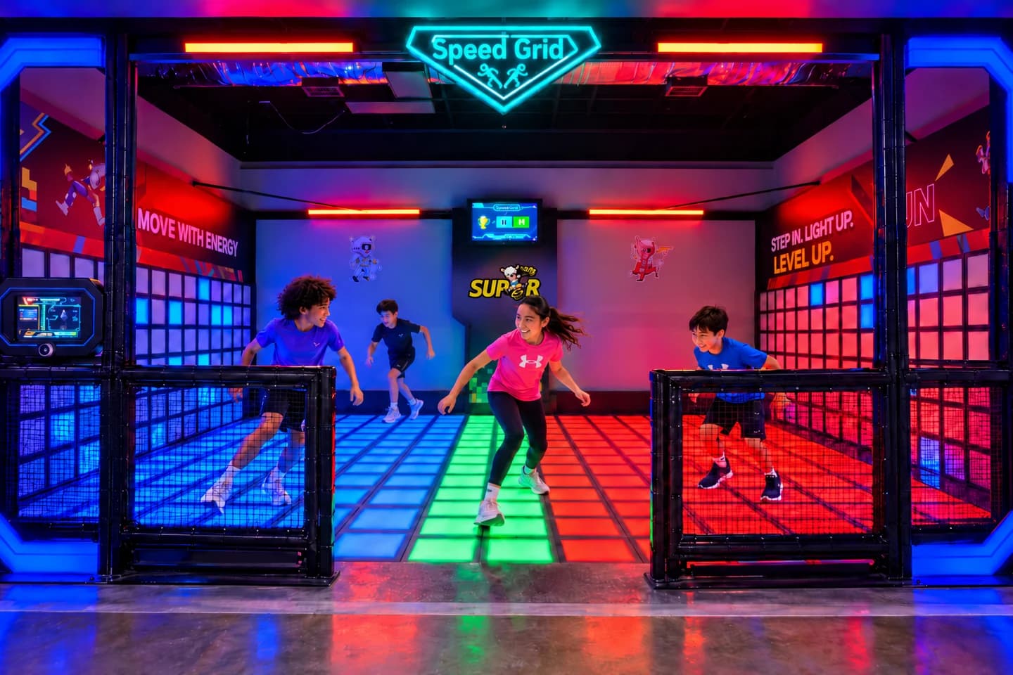 Players on the illuminated Speed Grid game floor