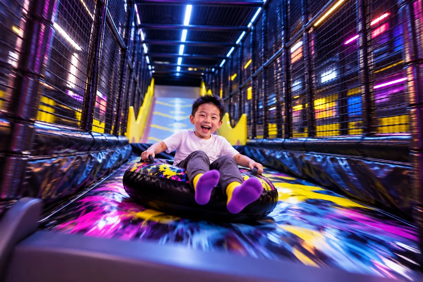 A child riding a colorful tube at the end of a slide
