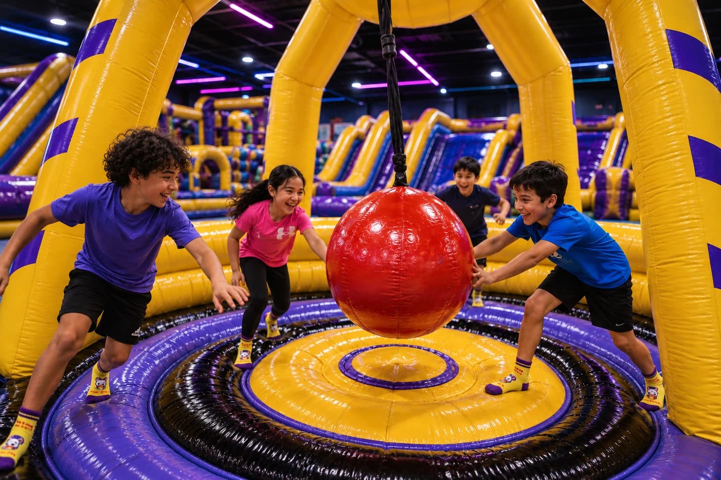 Children pushing a suspended red ball in an inflatable Wrecking Ball arena